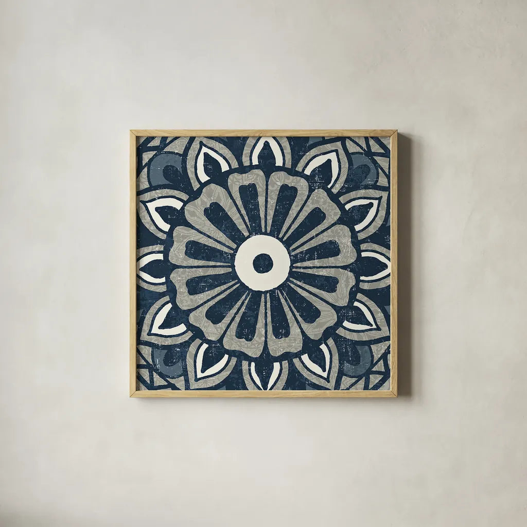 Inspired India Blue IV by Pela Studio. Shown in a natural wood glass frame for a timeless modern aesthetic. Available as an archival giclee rolled canvas, fine art paper, or poster print. SKU 21055a.