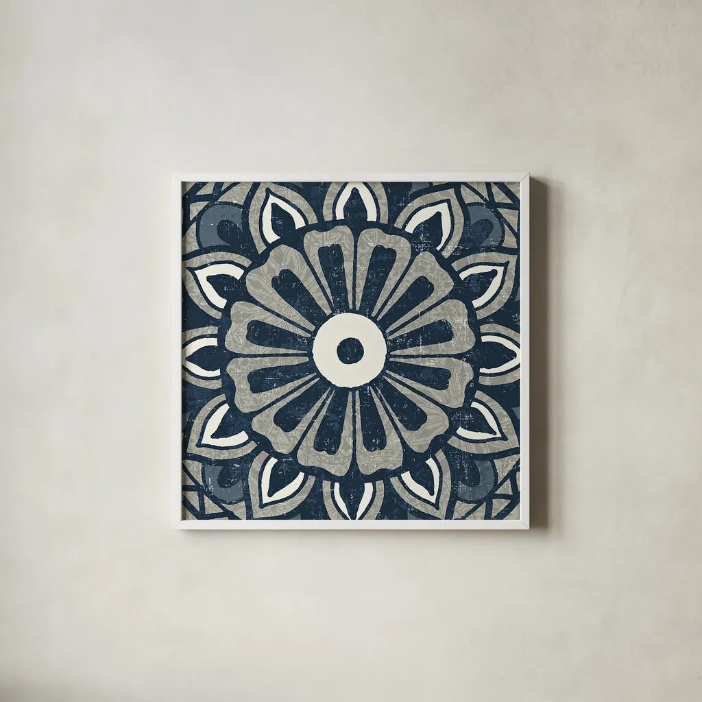 Inspired India Blue IV by Pela Studio. Shown in a crisp white glass frame for a clean and minimalist style. Available as an archival giclee rolled canvas, fine art paper, or poster print. SKU 21055a.