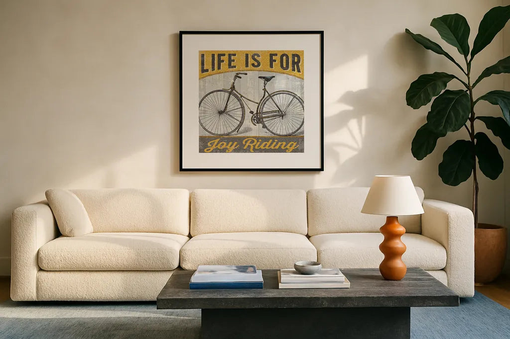 Joy Ride I by Pela Studio. Displayed in a glass frame with matte in a clean modern living room. Available as an archival giclee rolled canvas, fine art paper, or poster print. SKU 14836a.