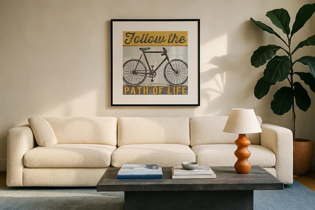 Joy Ride II by Pela Studio. Displayed in a glass frame with matte in a clean modern living room. Available as an archival giclee rolled canvas, fine art paper, or poster print. SKU 14837a.