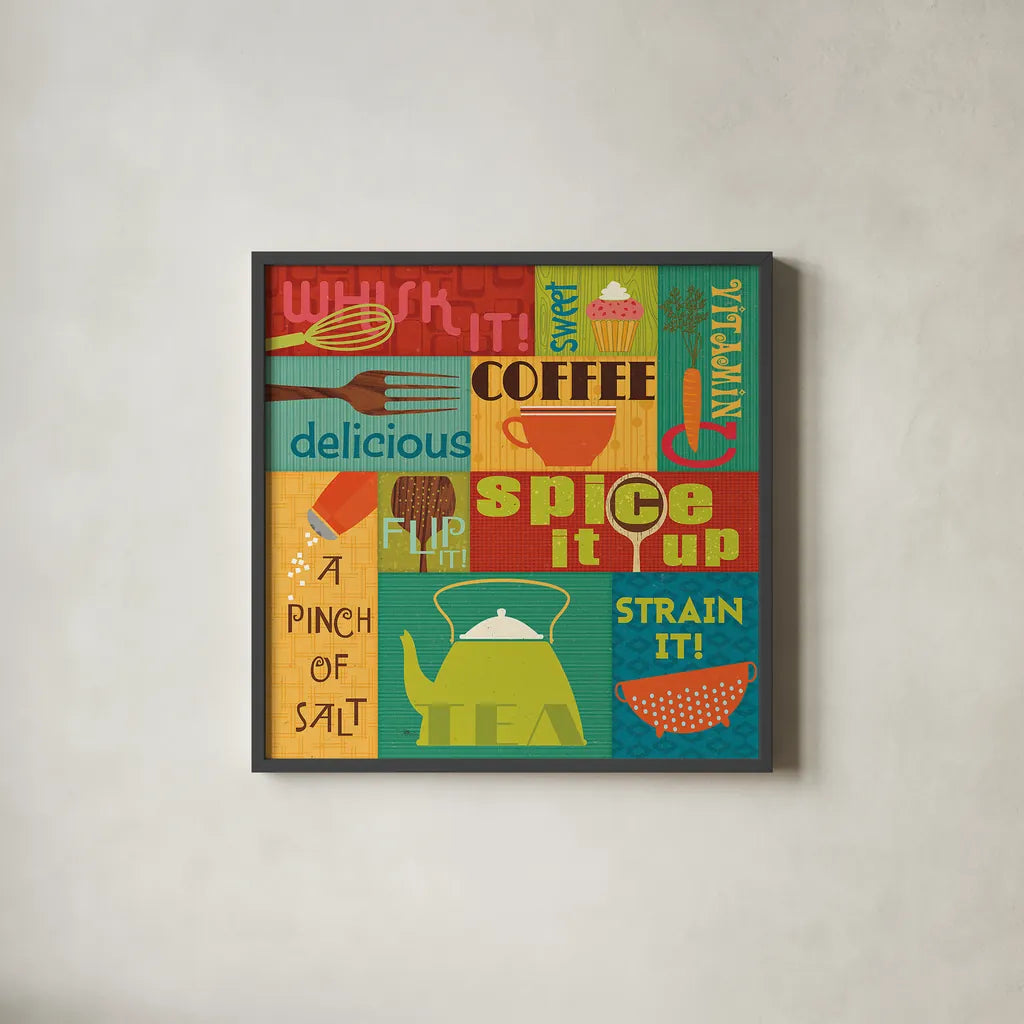 Kitchen It I by Pela Studio. Shown in a sleek black glass frame for a contemporary gallery look. Available as an archival giclee rolled canvas, fine art paper, or poster print. SKU 10720a.