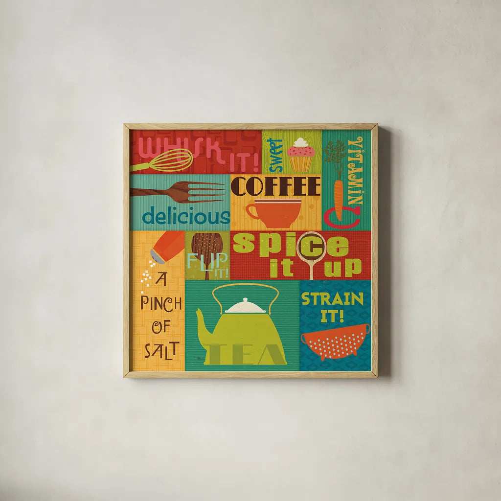 Kitchen It I by Pela Studio. Shown in a natural wood glass frame for a timeless modern aesthetic. Available as an archival giclee rolled canvas, fine art paper, or poster print. SKU 10720a.