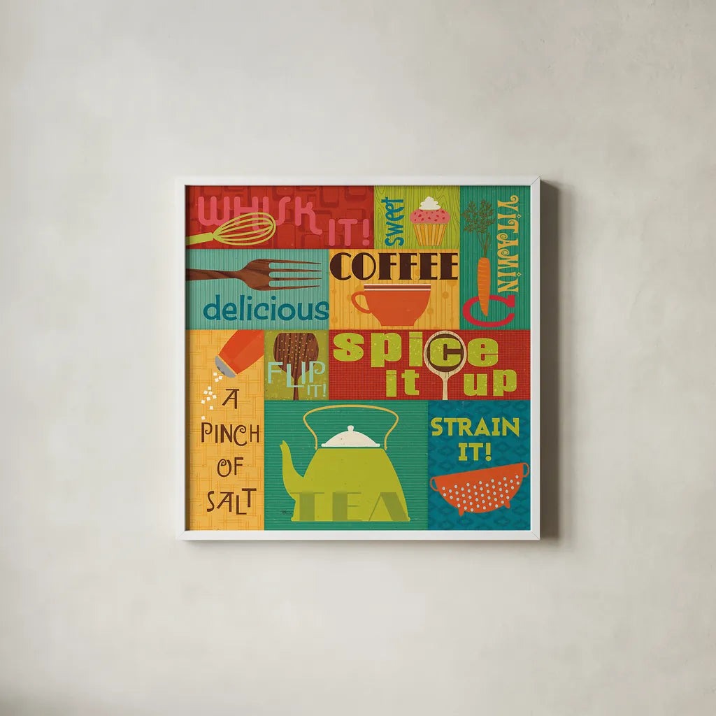 Kitchen It I by Pela Studio. Shown in a crisp white glass frame for a clean and minimalist style. Available as an archival giclee rolled canvas, fine art paper, or poster print. SKU 10720a.