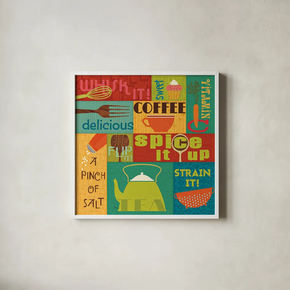 Kitchen It I by Pela Studio. Shown in a crisp white glass frame for a clean and minimalist style. Available as an archival giclee rolled canvas, fine art paper, or poster print. SKU 10720a.