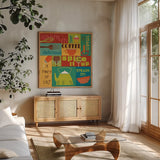 Kitchen It I by Pela Studio. Shown in a natural wood frame in a cozy modern living room. Available as an archival giclee rolled canvas, fine art paper, or poster print. SKU 10720a.