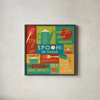 Kitchen It II by Pela Studio. Shown in a sleek black glass frame for a contemporary gallery look. Available as an archival giclee rolled canvas, fine art paper, or poster print. SKU 10721a.