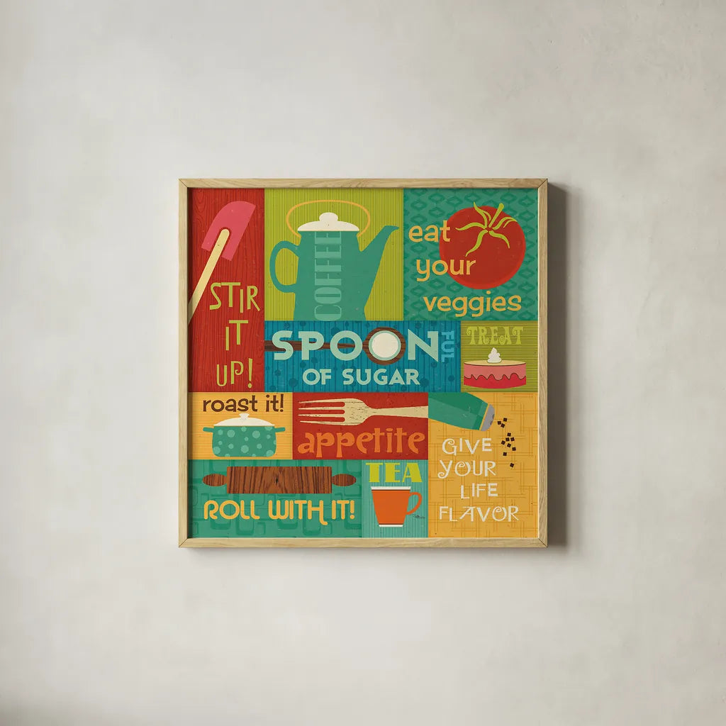 Kitchen It II by Pela Studio. Shown in a natural wood glass frame for a timeless modern aesthetic. Available as an archival giclee rolled canvas, fine art paper, or poster print. SKU 10721a.