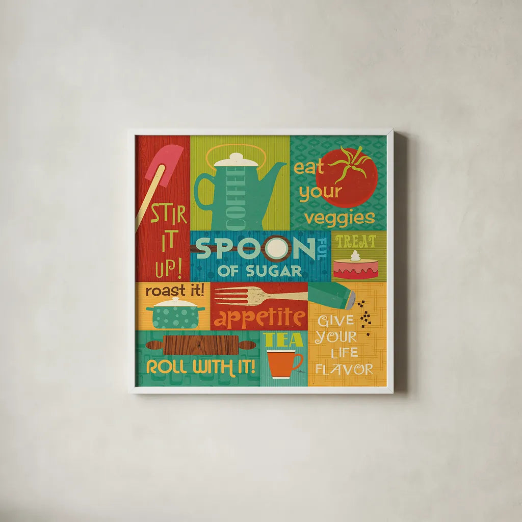 Kitchen It II by Pela Studio. Shown in a crisp white glass frame for a clean and minimalist style. Available as an archival giclee rolled canvas, fine art paper, or poster print. SKU 10721a.