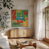 Kitchen It II by Pela Studio. Shown in a natural wood frame in a cozy modern living room. Available as an archival giclee rolled canvas, fine art paper, or poster print. SKU 10721a.