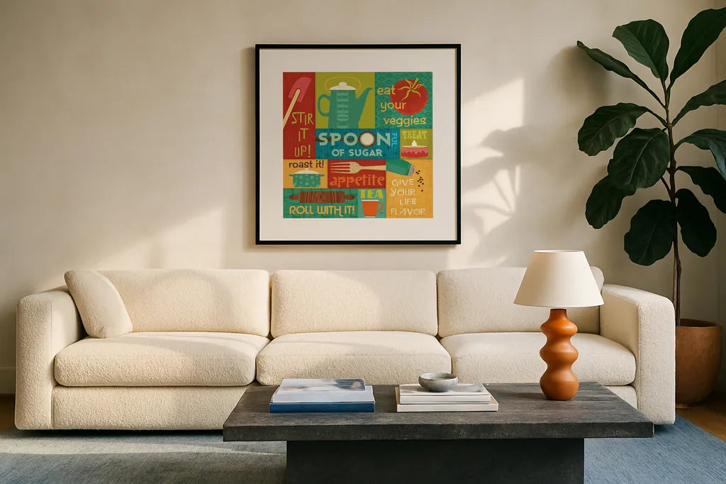 Kitchen It II by Pela Studio. Displayed in a glass frame with matte in a clean modern living room. Available as an archival giclee rolled canvas, fine art paper, or poster print. SKU 10721a.