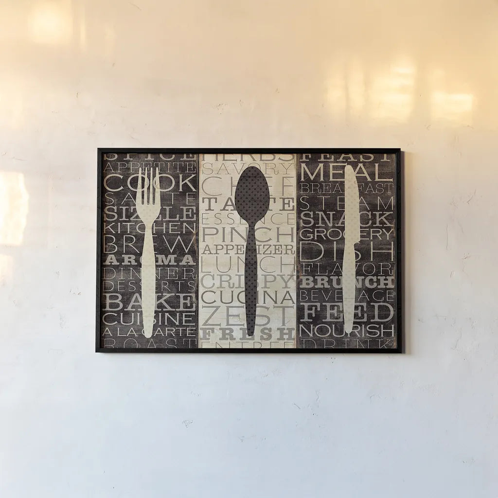 Kitchen Words Trio by Pela Studio. shown as a paper print in a black flame. Available as a archival giclee rolled canvas, fine art paper, or poster print. SKU 7317i.