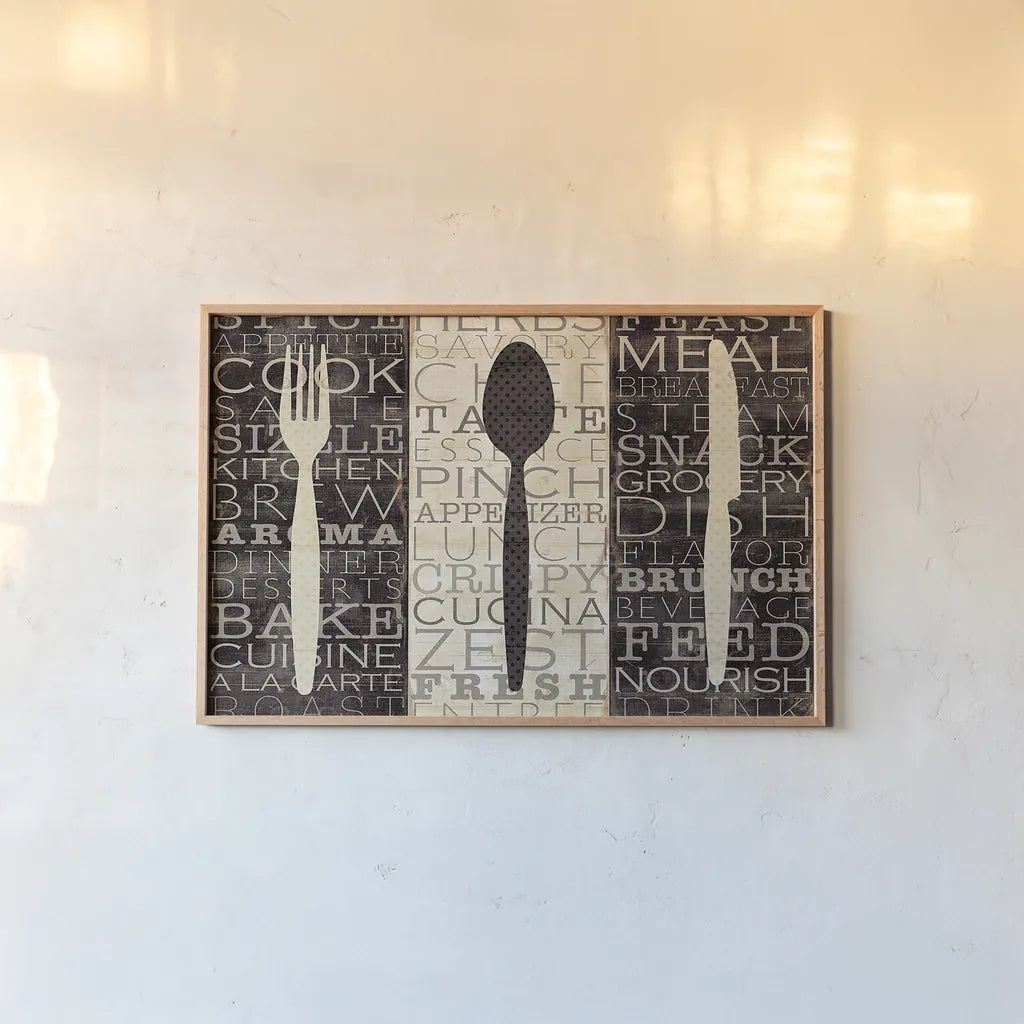 Kitchen Words Trio by Pela Studio. shown as a paper print in a natural frame. Available as a archival giclee rolled canvas, fine art paper, or poster print. SKU 7317i.
