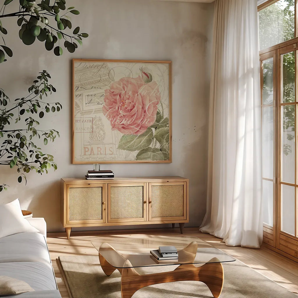 La Vie En Rose II by Pela Studio. Shown in a natural wood frame in a cozy modern living room. Available as an archival giclee rolled canvas, fine art paper, or poster print. SKU 8973a.