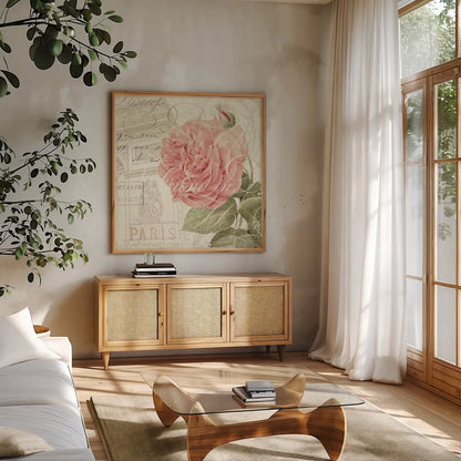 La Vie En Rose II by Pela Studio. Shown in a natural wood frame in a cozy modern living room. Available as an archival giclee rolled canvas, fine art paper, or poster print. SKU 8973a.