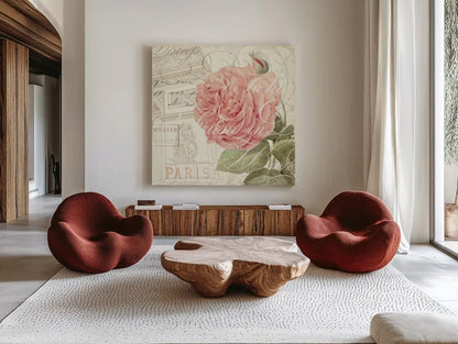La Vie En Rose II by Pela Studio. Shown as extra-large giant wall art in a modern living room. Available as an archival giclee rolled canvas, fine art paper, or poster print. SKU 8973a.