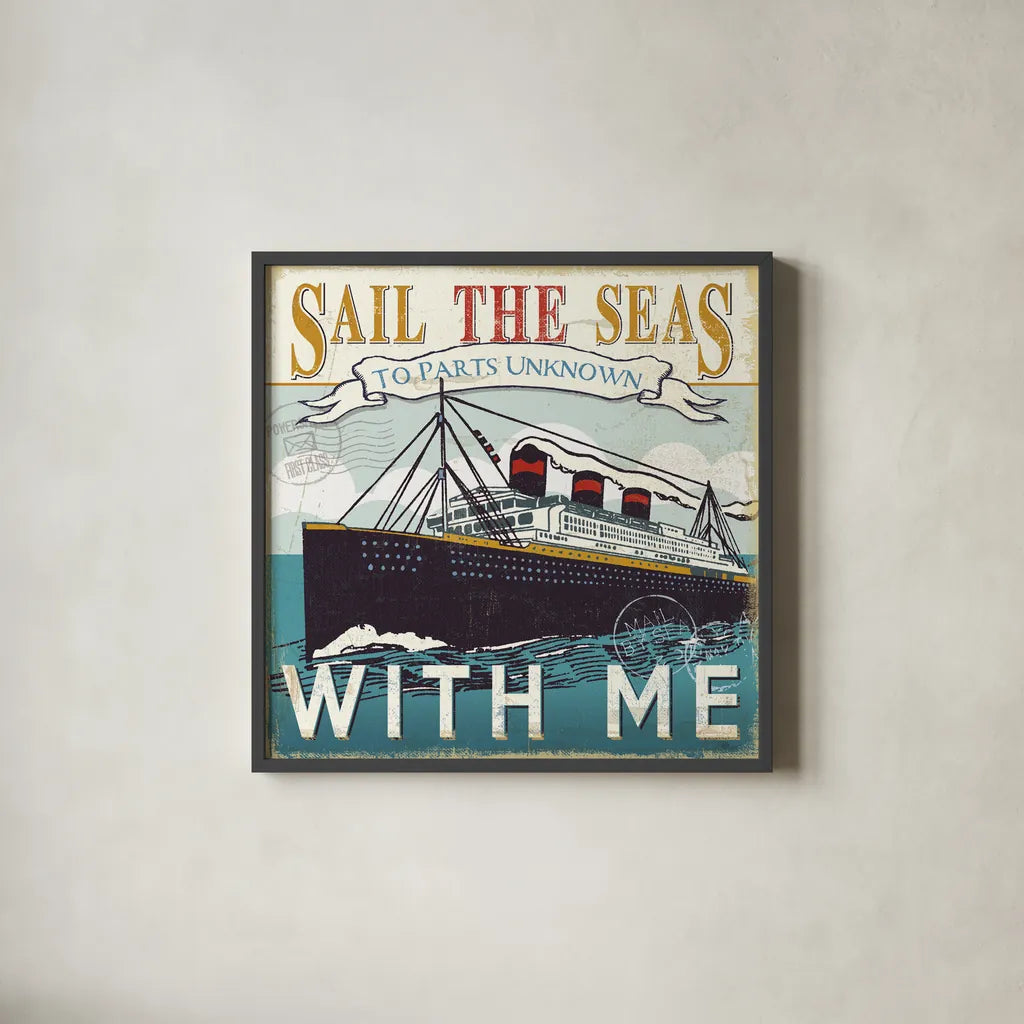 Lets Travel I by Pela Studio. Shown in a sleek black glass frame for a contemporary gallery look. Available as an archival giclee rolled canvas, fine art paper, or poster print. SKU 10861a.