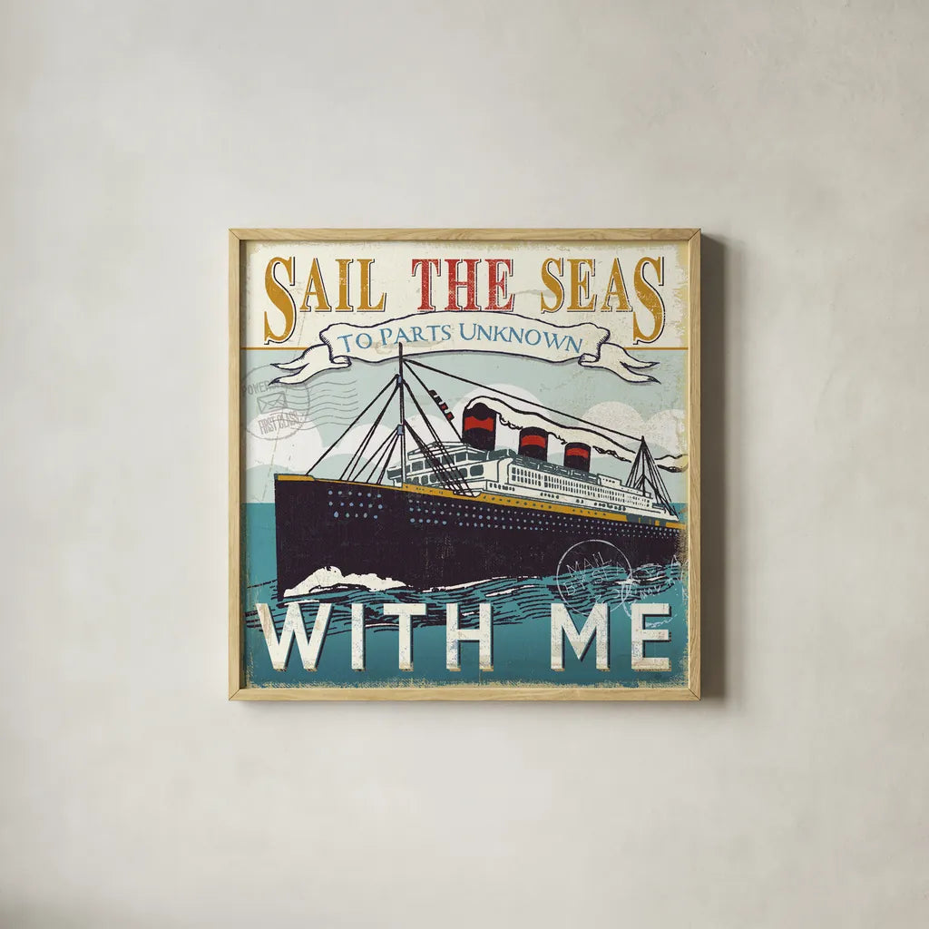 Lets Travel I by Pela Studio. Shown in a natural wood glass frame for a timeless modern aesthetic. Available as an archival giclee rolled canvas, fine art paper, or poster print. SKU 10861a.