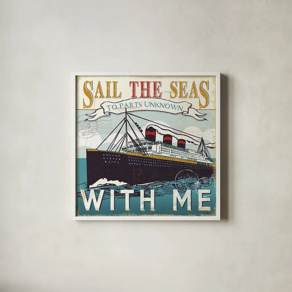 Lets Travel I by Pela Studio. Shown in a crisp white glass frame for a clean and minimalist style. Available as an archival giclee rolled canvas, fine art paper, or poster print. SKU 10861a.