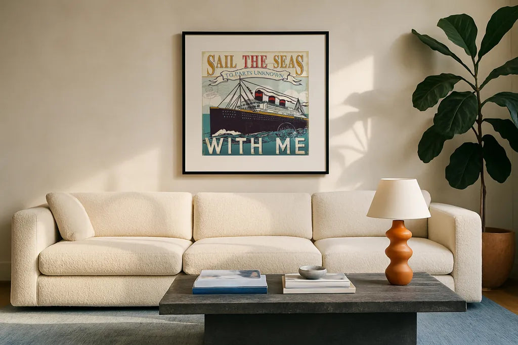 Lets Travel I by Pela Studio. Displayed in a glass frame with matte in a clean modern living room. Available as an archival giclee rolled canvas, fine art paper, or poster print. SKU 10861a.