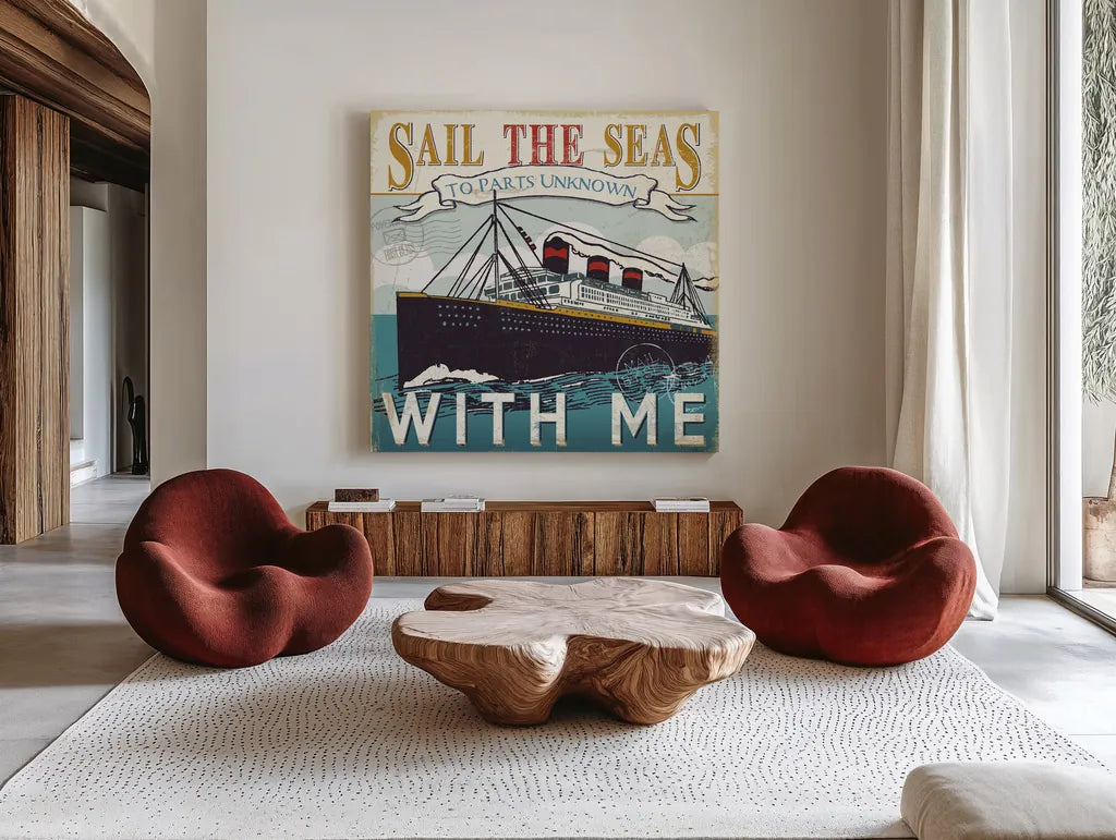 Lets Travel I by Pela Studio. Shown as extra-large giant wall art in a modern living room. Available as an archival giclee rolled canvas, fine art paper, or poster print. SKU 10861a.