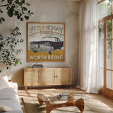 Lets Travel III by Pela Studio. Shown in a natural wood frame in a cozy modern living room. Available as an archival giclee rolled canvas, fine art paper, or poster print. SKU 10863a.
