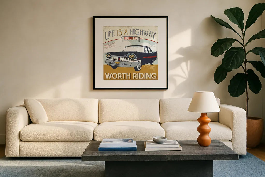 Lets Travel III by Pela Studio. Displayed in a glass frame with matte in a clean modern living room. Available as an archival giclee rolled canvas, fine art paper, or poster print. SKU 10863a.