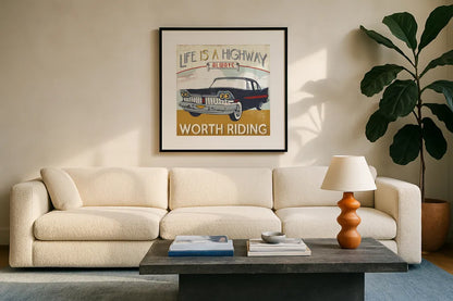 Lets Travel III by Pela Studio. Displayed in a glass frame with matte in a clean modern living room. Available as an archival giclee rolled canvas, fine art paper, or poster print. SKU 10863a.