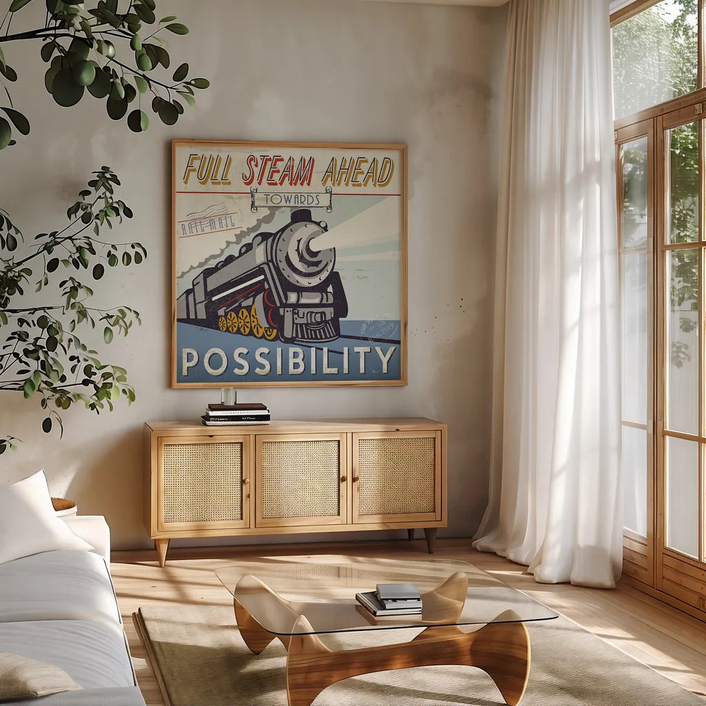 Lets Travel IV by Pela Studio. Shown in a natural wood frame in a cozy modern living room. Available as an archival giclee rolled canvas, fine art paper, or poster print. SKU 10864a.