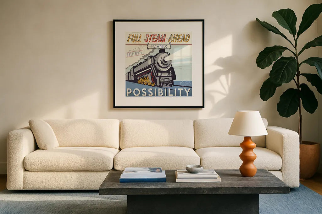 Lets Travel IV by Pela Studio. Displayed in a glass frame with matte in a clean modern living room. Available as an archival giclee rolled canvas, fine art paper, or poster print. SKU 10864a.