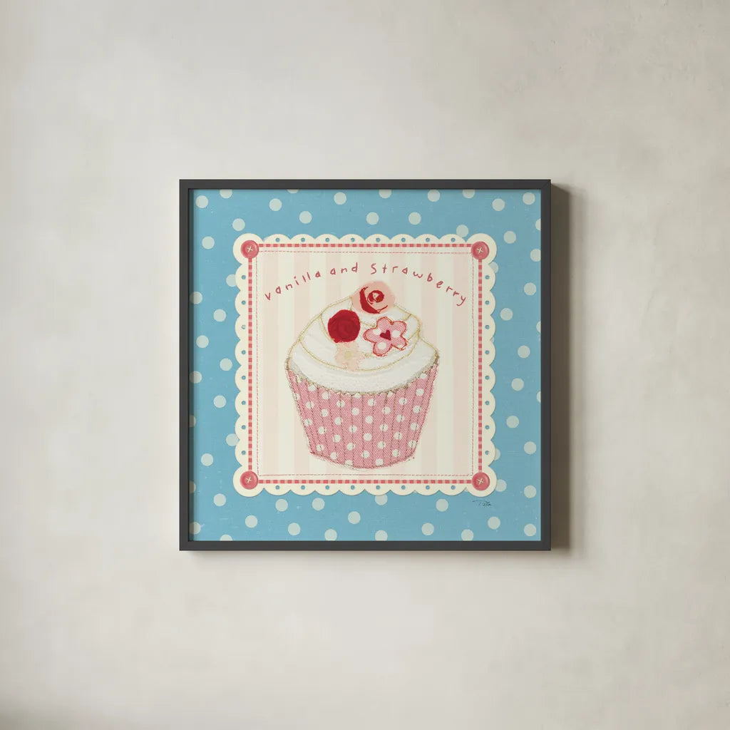 Lil Cupcakes I by Pela Studio. Shown in a sleek black glass frame for a contemporary gallery look. Available as an archival giclee rolled canvas, fine art paper, or poster print. SKU 29482a.