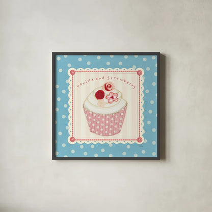 Lil Cupcakes I by Pela Studio. Shown in a sleek black glass frame for a contemporary gallery look. Available as an archival giclee rolled canvas, fine art paper, or poster print. SKU 29482a.