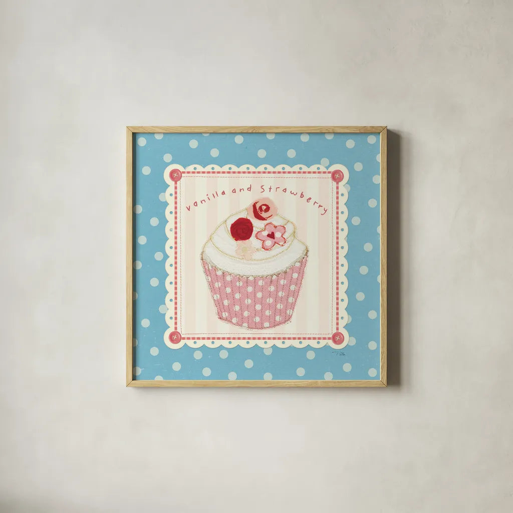 Lil Cupcakes I by Pela Studio. Shown in a natural wood glass frame for a timeless modern aesthetic. Available as an archival giclee rolled canvas, fine art paper, or poster print. SKU 29482a.
