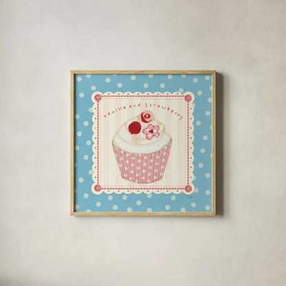 Lil Cupcakes I by Pela Studio. Shown in a natural wood glass frame for a timeless modern aesthetic. Available as an archival giclee rolled canvas, fine art paper, or poster print. SKU 29482a.