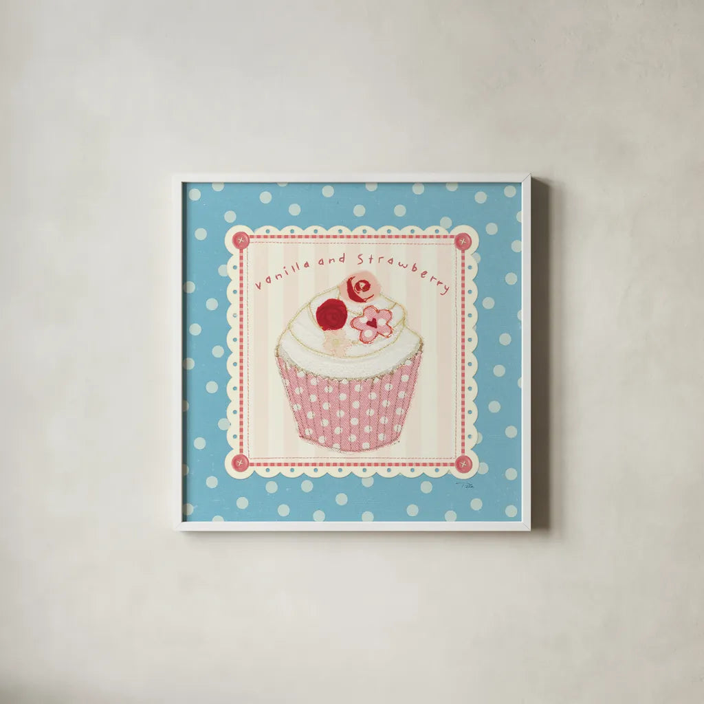 Lil Cupcakes I by Pela Studio. Shown in a crisp white glass frame for a clean and minimalist style. Available as an archival giclee rolled canvas, fine art paper, or poster print. SKU 29482a.