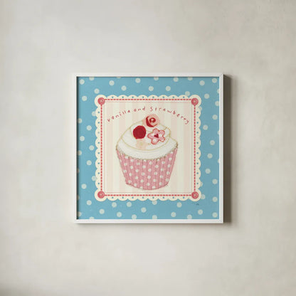 Lil Cupcakes I by Pela Studio. Shown in a crisp white glass frame for a clean and minimalist style. Available as an archival giclee rolled canvas, fine art paper, or poster print. SKU 29482a.
