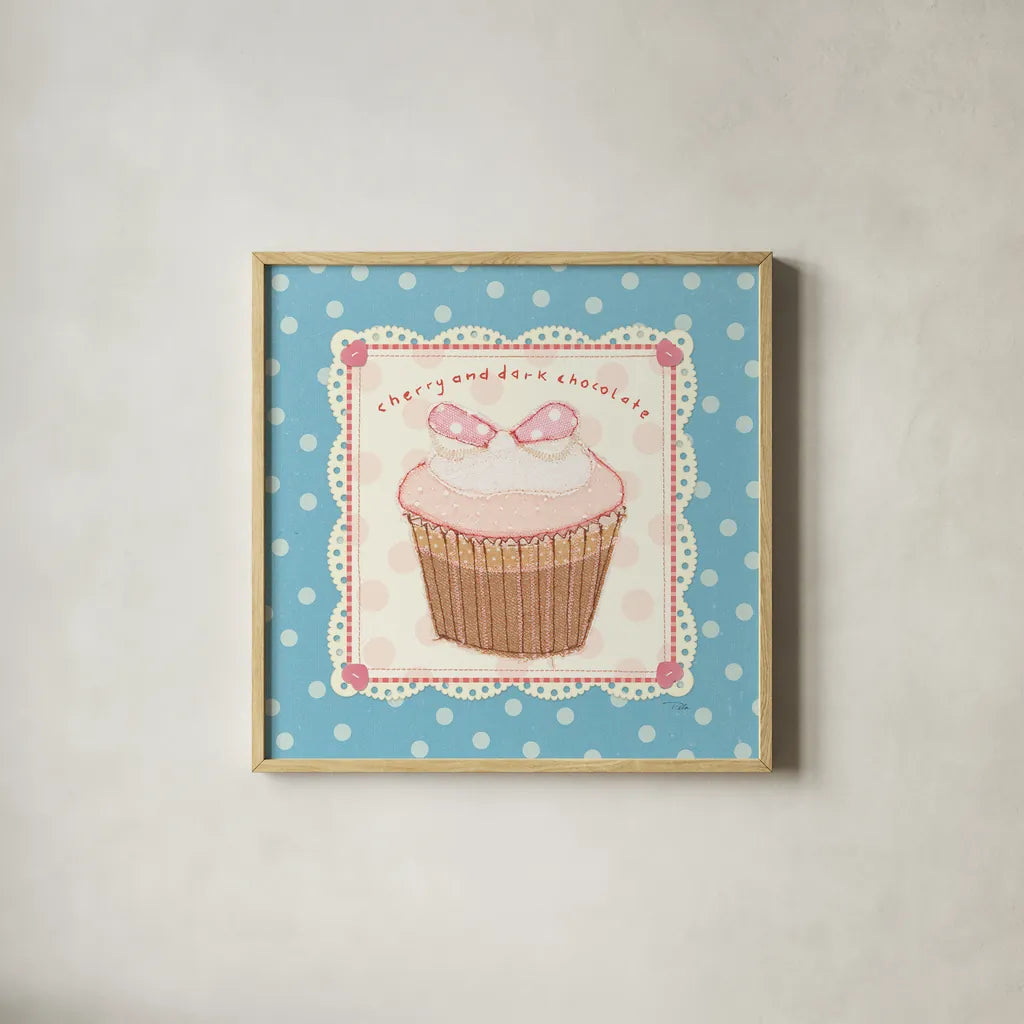 Lil Cupcakes II by Pela Studio. Shown in a natural wood glass frame for a timeless modern aesthetic. Available as an archival giclee rolled canvas, fine art paper, or poster print. SKU 29483a.