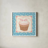 Lil Cupcakes II by Pela Studio. Shown in a crisp white glass frame for a clean and minimalist style. Available as an archival giclee rolled canvas, fine art paper, or poster print. SKU 29483a.