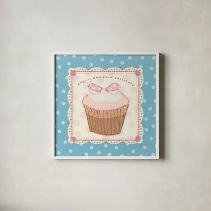 Lil Cupcakes II by Pela Studio. Shown in a crisp white glass frame for a clean and minimalist style. Available as an archival giclee rolled canvas, fine art paper, or poster print. SKU 29483a.