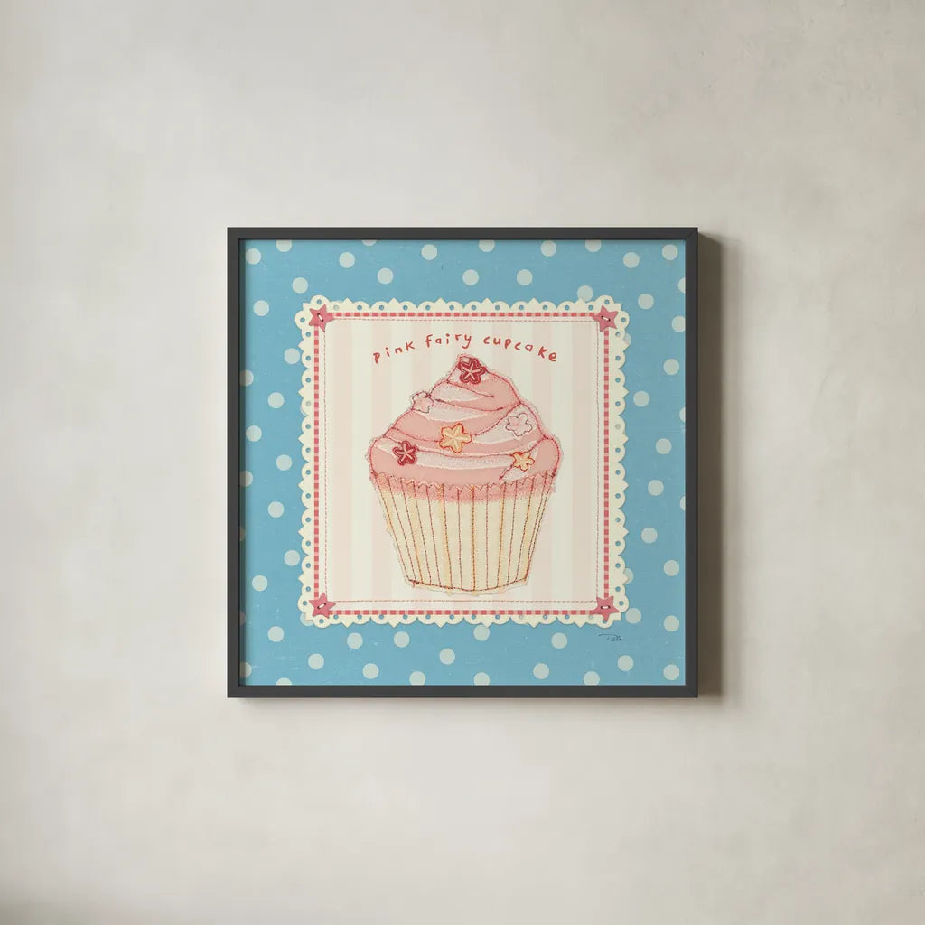 Lil Cupcakes III by Pela Studio. Shown in a sleek black glass frame for a contemporary gallery look. Available as an archival giclee rolled canvas, fine art paper, or poster print. SKU 29480a.