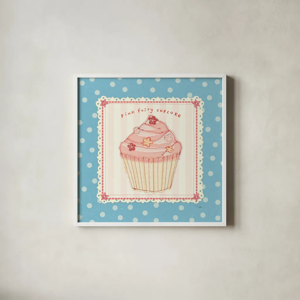 Lil Cupcakes III by Pela Studio. Shown in a crisp white glass frame for a clean and minimalist style. Available as an archival giclee rolled canvas, fine art paper, or poster print. SKU 29480a.