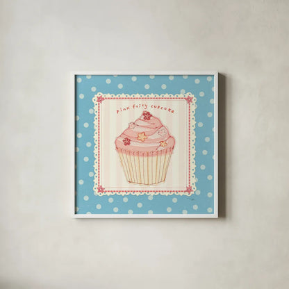 Lil Cupcakes III by Pela Studio. Shown in a crisp white glass frame for a clean and minimalist style. Available as an archival giclee rolled canvas, fine art paper, or poster print. SKU 29480a.