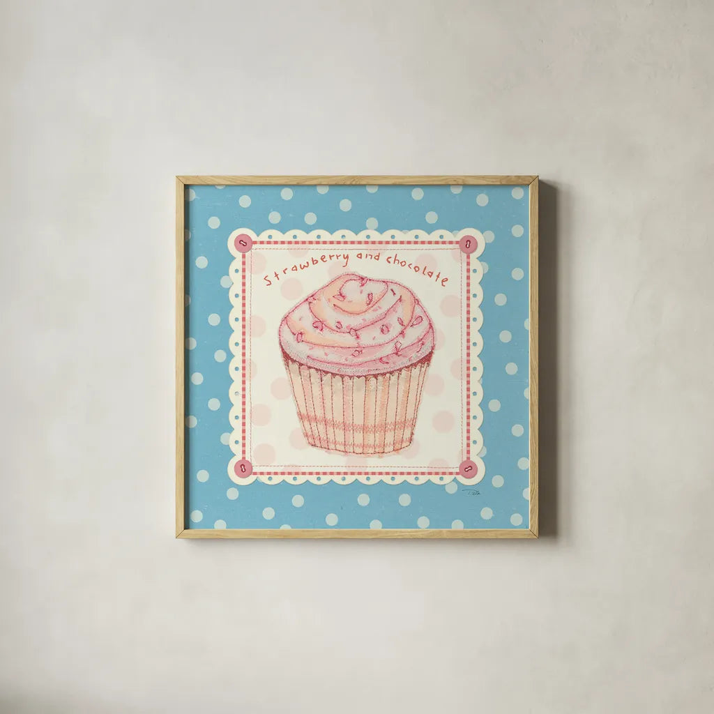 Lil Cupcakes IV by Pela Studio. Shown in a natural wood glass frame for a timeless modern aesthetic. Available as an archival giclee rolled canvas, fine art paper, or poster print. SKU 29481a.