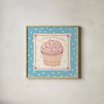 Lil Cupcakes IV by Pela Studio. Shown in a natural wood glass frame for a timeless modern aesthetic. Available as an archival giclee rolled canvas, fine art paper, or poster print. SKU 29481a.