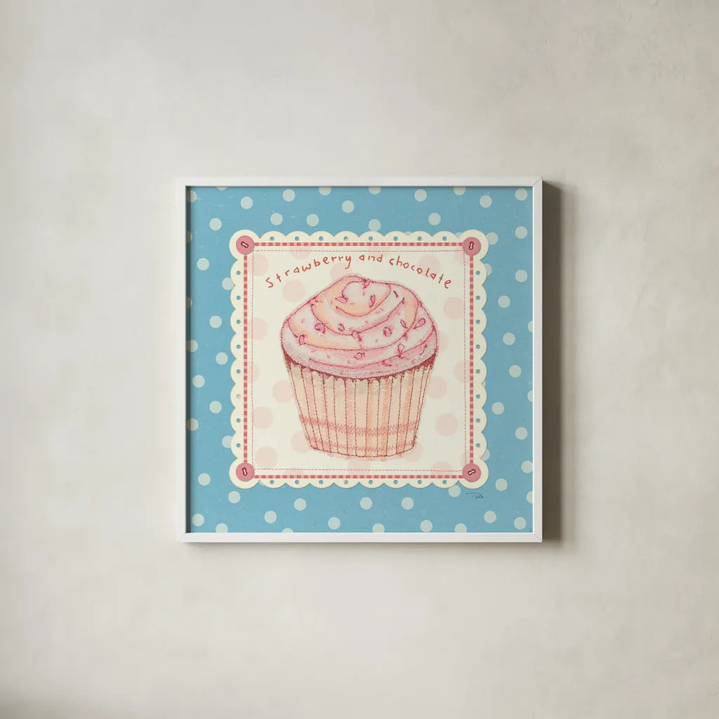 Lil Cupcakes IV by Pela Studio. Shown in a crisp white glass frame for a clean and minimalist style. Available as an archival giclee rolled canvas, fine art paper, or poster print. SKU 29481a.
