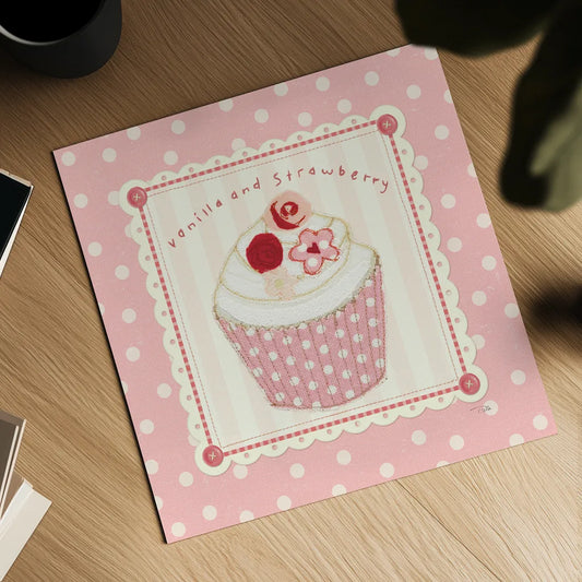 Lil Cupcakes Pink I by Pela Studio. Shown as a detailed flat fine art print, highlighting archival giclee quality. Available as an archival giclee rolled canvas, fine art paper, or poster print. SKU 100983a.
