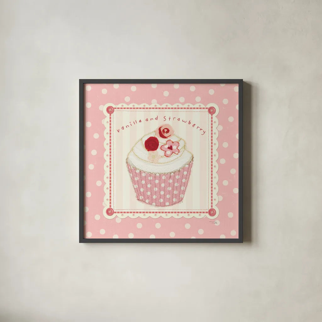 Lil Cupcakes Pink I by Pela Studio. Shown in a sleek black glass frame for a contemporary gallery look. Available as an archival giclee rolled canvas, fine art paper, or poster print. SKU 100983a.