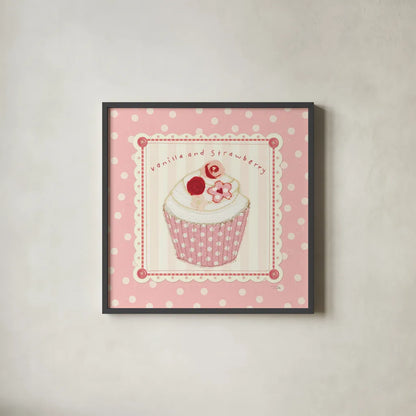 Lil Cupcakes Pink I by Pela Studio. Shown in a sleek black glass frame for a contemporary gallery look. Available as an archival giclee rolled canvas, fine art paper, or poster print. SKU 100983a.