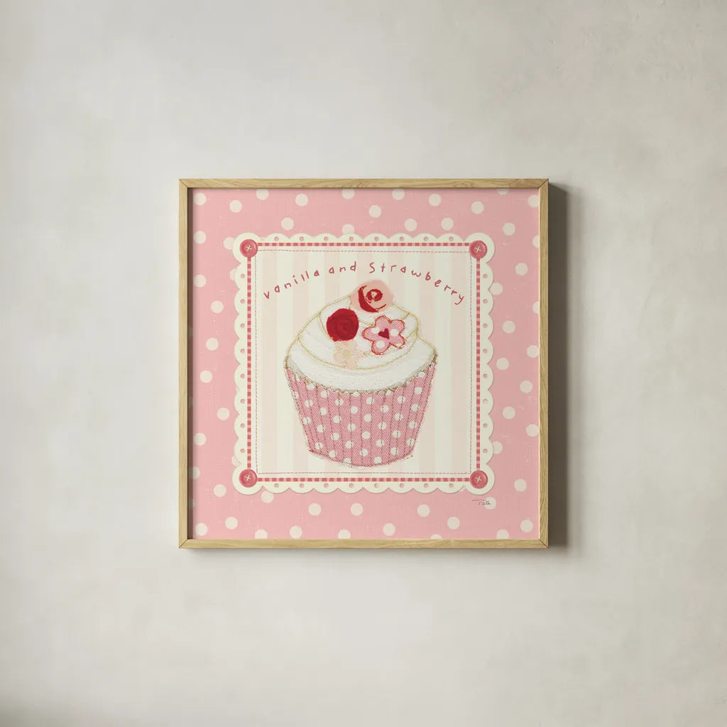 Lil Cupcakes Pink I by Pela Studio. Shown in a natural wood glass frame for a timeless modern aesthetic. Available as an archival giclee rolled canvas, fine art paper, or poster print. SKU 100983a.