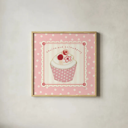 Lil Cupcakes Pink I by Pela Studio. Shown in a natural wood glass frame for a timeless modern aesthetic. Available as an archival giclee rolled canvas, fine art paper, or poster print. SKU 100983a.