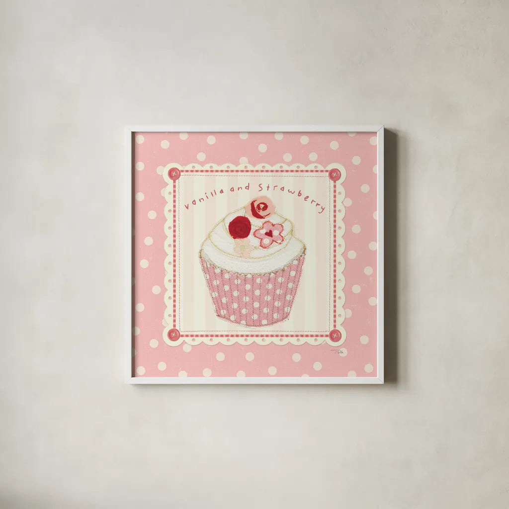 Lil Cupcakes Pink I by Pela Studio. Shown in a crisp white glass frame for a clean and minimalist style. Available as an archival giclee rolled canvas, fine art paper, or poster print. SKU 100983a.